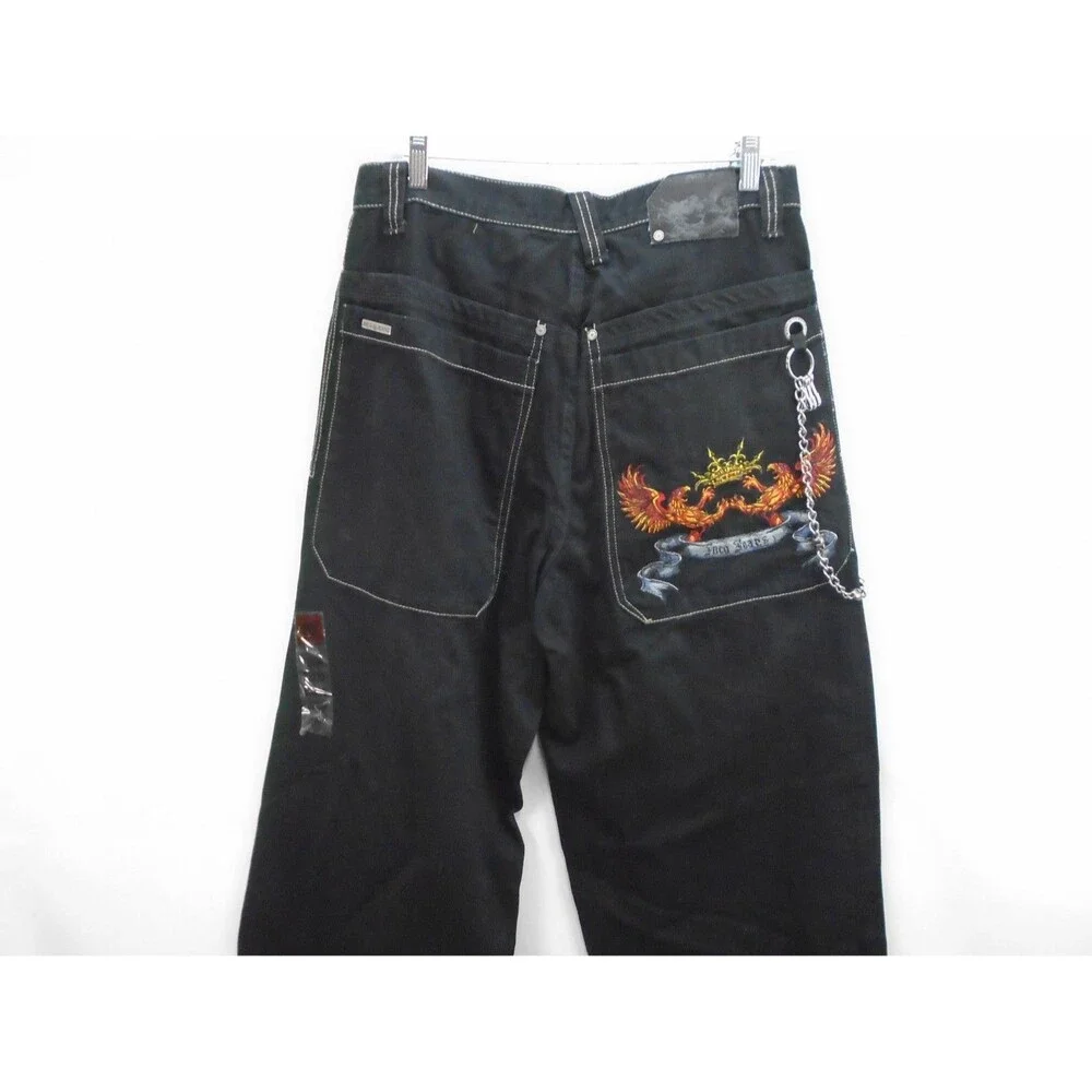 NWT VTG JNCO Phoenix Crown Wide Leg Jeans Black Baggy Rave Skater Y2K Mens 32x30